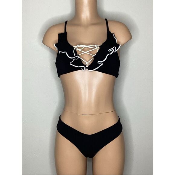 New. Robin Piccone black ruffle bikini. Small. Retails $215 - Picture 2 of 9